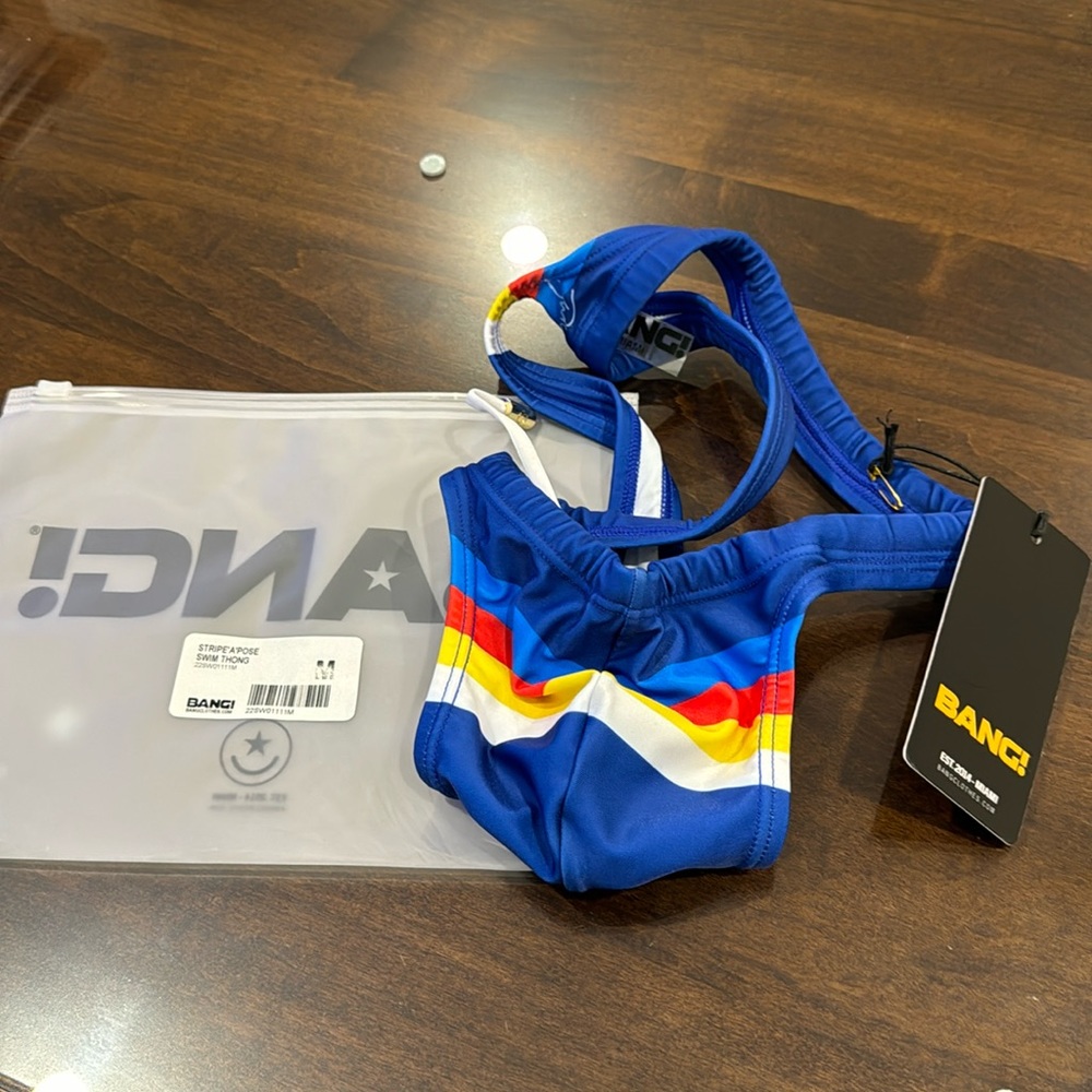 New Bang Mens Stripe a Pose Swim Thong Medium Blue